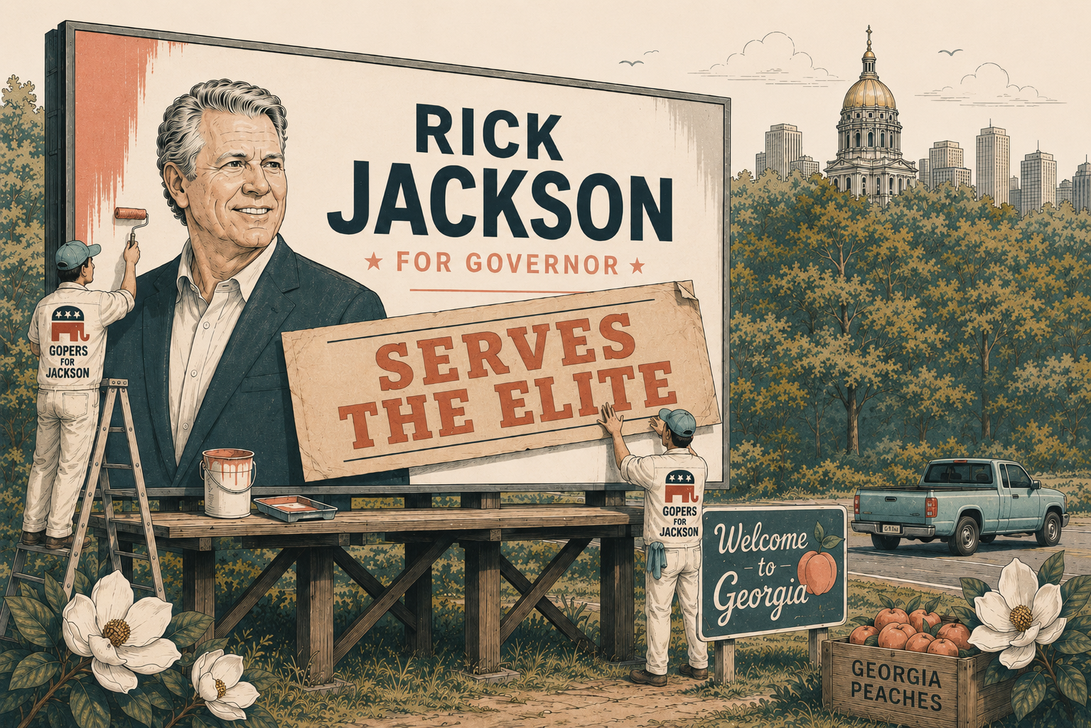 Illustration of workers placing a sign reading serves the elite over a Rick Jackson for Governor billboard in Georgia.