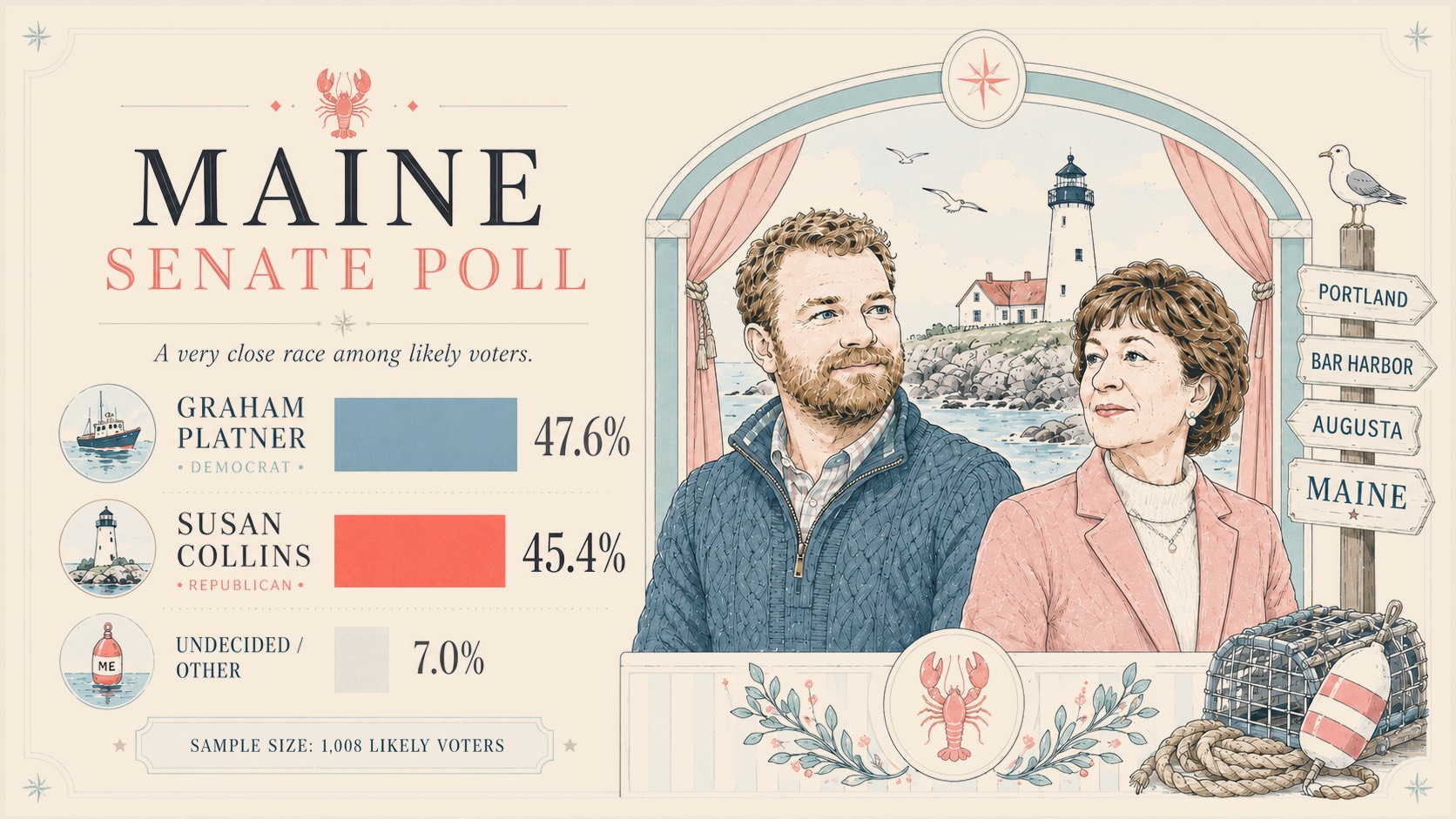 Maine Senate poll: Graham Platner 47.6%, Susan Collins 45.4%, and 7.0% undecided or supporting another candidate, among 1,008 likely voters.